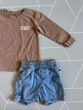 Binky Bro|Baby boy/toddler Brown Long Sleeve Tee & vintage Denim Shorts Set•••
